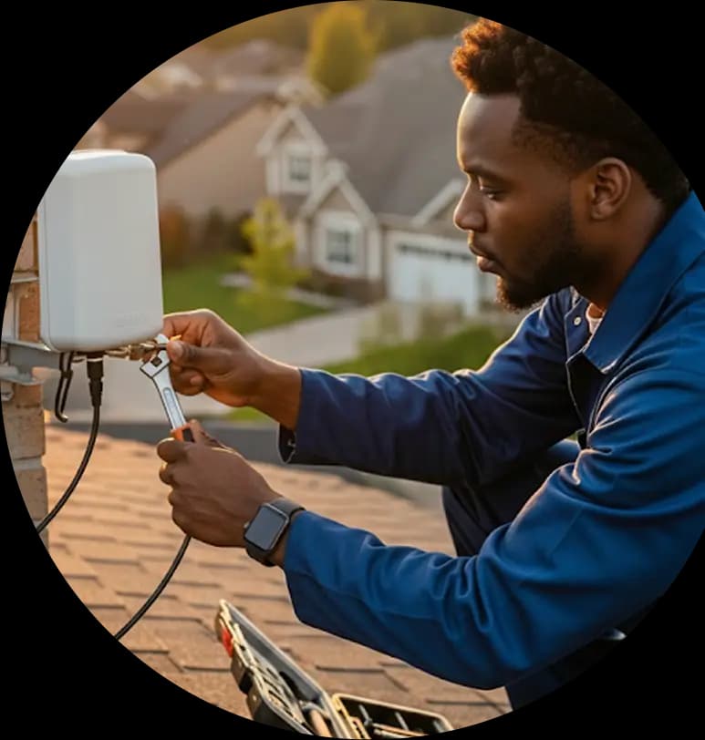 Technician installing a device on a rooftop
